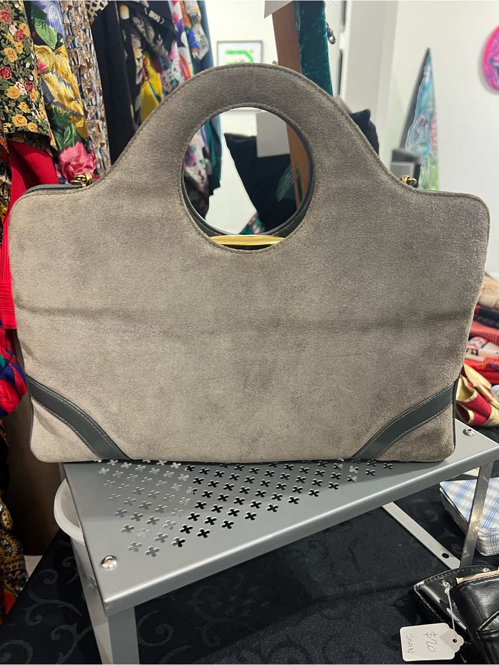 Vintage 80s Suede Circle-Handle Bag/cross-body in Taupe/Grey
